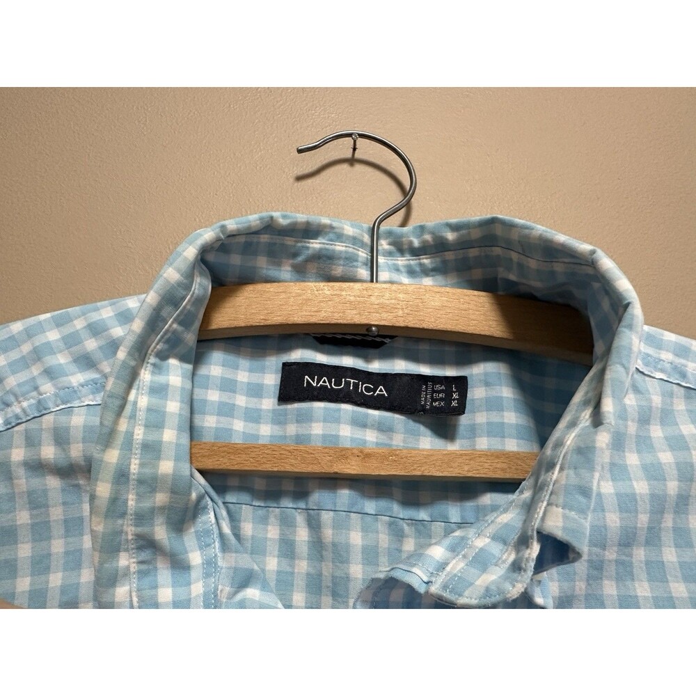 Nautica Classic Fit Button Down Shirt Light Blue White Check Mens L 100% Cotton - Picture 4 of 9